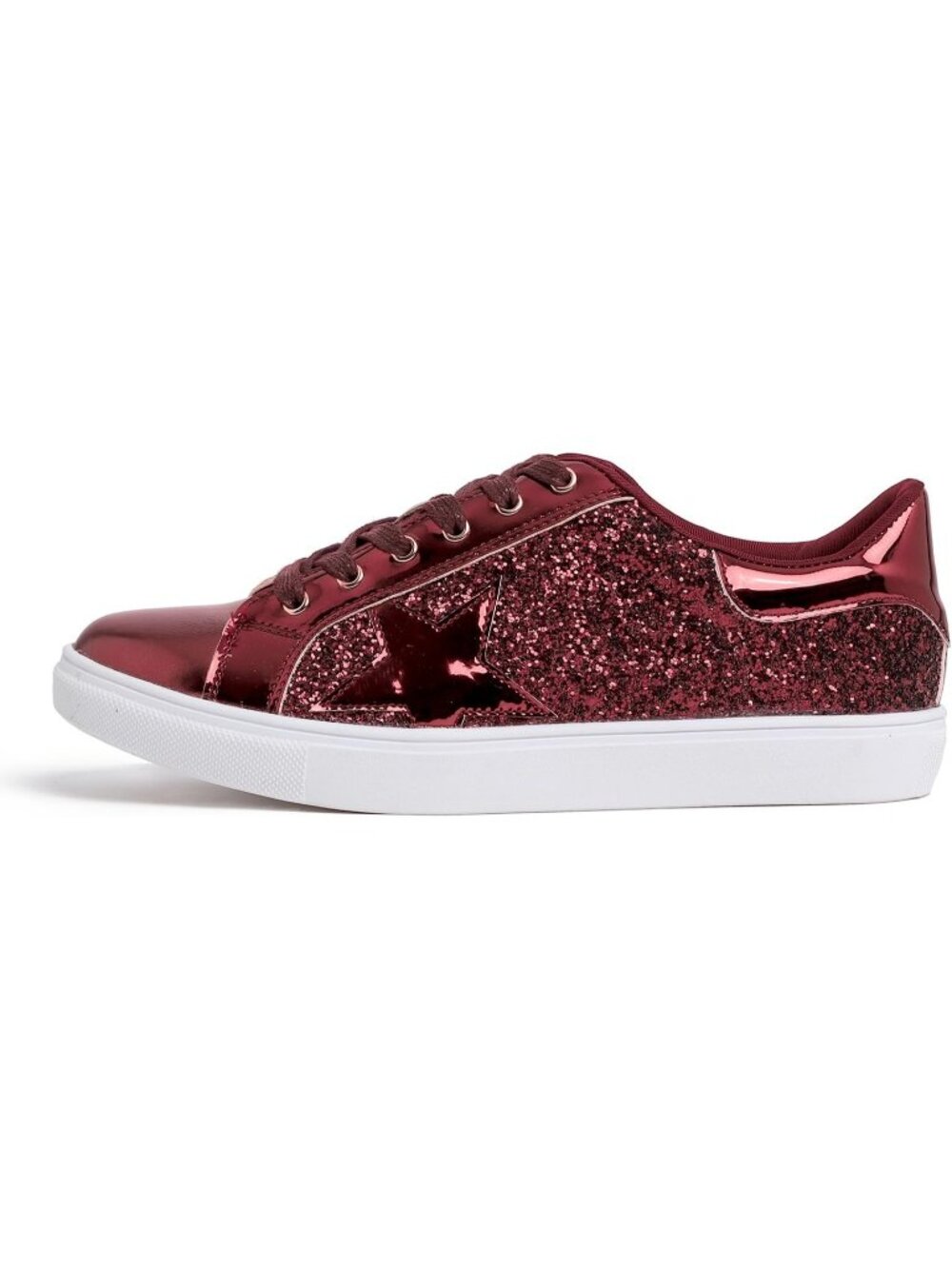Women's Burgundy Glitter Star Lace up Sparkly Party Shiny Shoes Fashion Sneakers - Picture 2 of 6